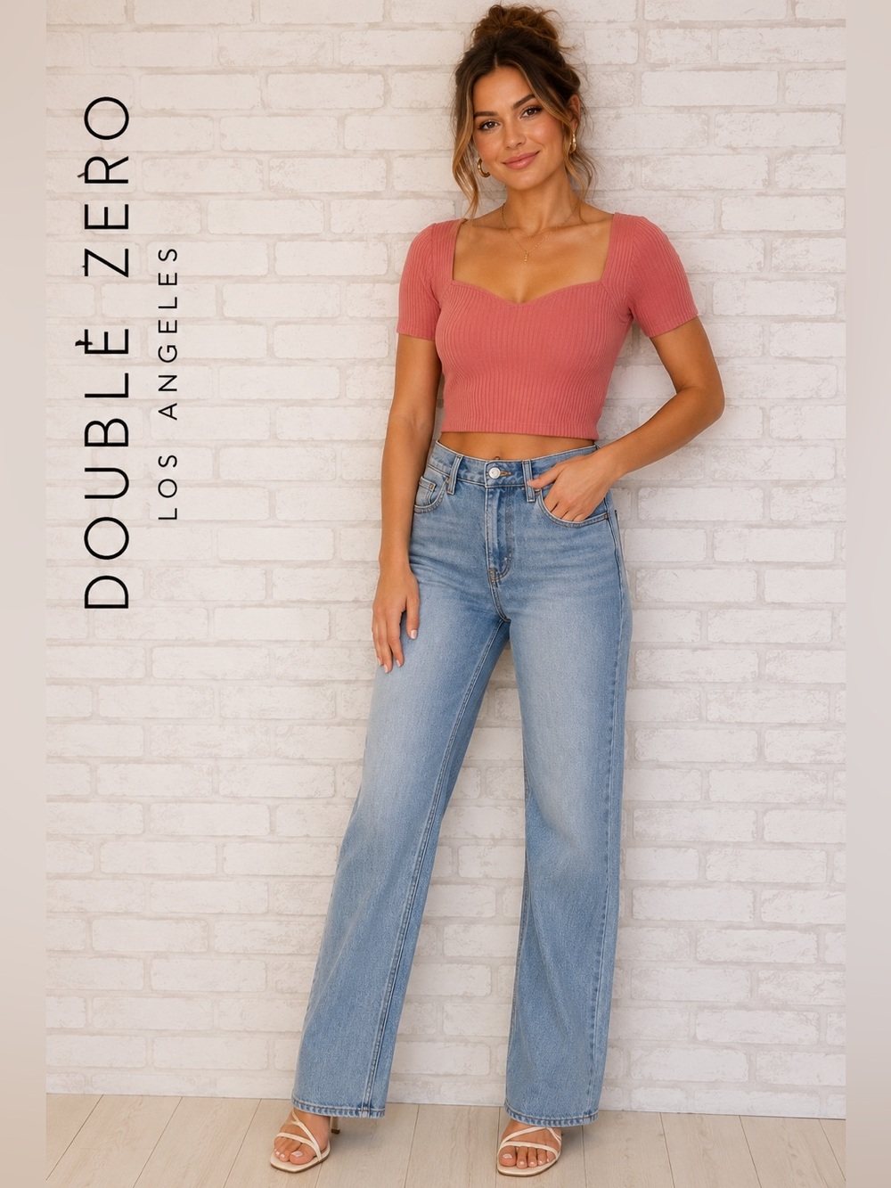 Double Zero Pink Ribbed Sweetheart Crop Top Short Sleeve Knit Women’s Large Chic
